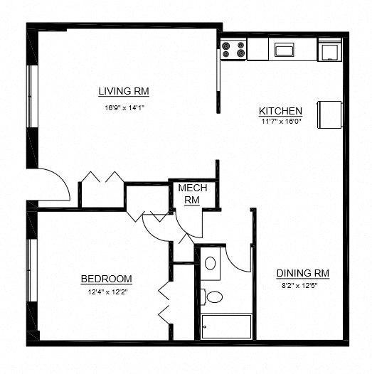 Floor plan for 1 bed, 1 bath, 909 sqft